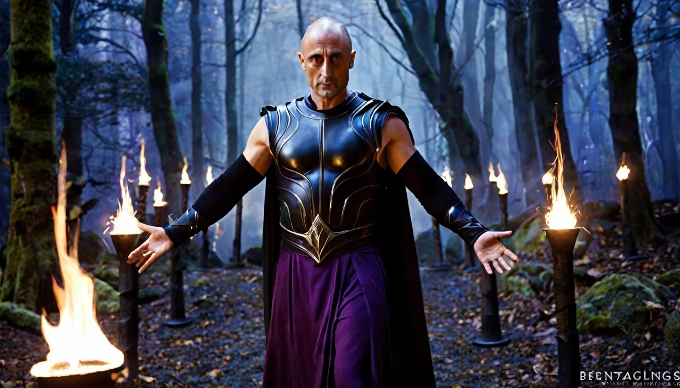 sorcerer man, super muscular body on steroids, (with Mark Strong's face) bald, dressed in black and violet medieval tunics, from his hands he emits powerful, magical rays, lighting with a flashing blue glow, standing in a dark forest, surrounded of torches that illuminate the scene, black stones on the ground, in the background, ghostly fog (dark fantasy image), ethereal atmosphere, cinematic, photorealistic lighting, (best quality,). 8k, high resolution, masterpiece: 1.2), ultra detailed, realistic, photorealistic: 1.37, spectacular lighting, moody, fantasy, concept art