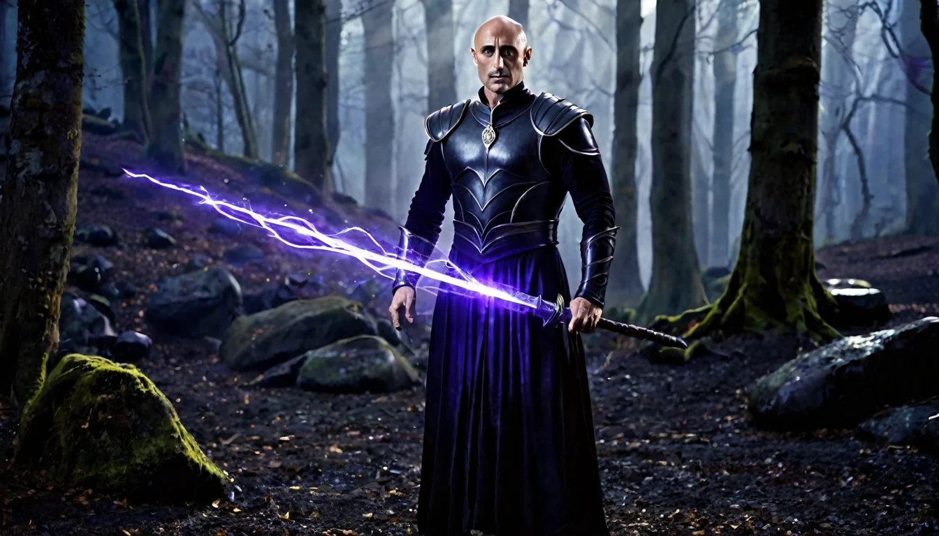 sorcerer man, super muscular body on steroids, (with Mark Strong's face) bald, dressed in black and violet medieval tunics, from his hands he emits powerful, magical rays, lighting with a flashing blue glow, standing in a dark forest, surrounded of torches that illuminate the scene, black stones on the ground, in the background, ghostly fog (dark fantasy image), ethereal atmosphere, cinematic, photorealistic lighting, (best quality,). 8k, high resolution, masterpiece: 1.2), ultra detailed, realistic, photorealistic: 1.37, spectacular lighting, moody, fantasy, concept art
