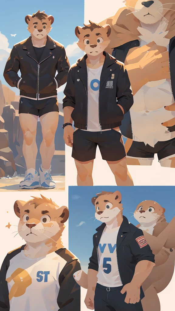 Adult man, eyes, furry, spongy, anthropomorphic, light brown-white, sea lion, reference sheet, whole body , detailed features such as expressive eyes, thick and detsllsda tail, Sharp teeth, realistic skin texture, half: digital illustration, front view and rear view, high resolution, Professional quality, intricate patterns on the skin, adorable and charismatic personality, attention to anatomy, designed facial structure, in a sports shirt, about a leather jacket, shorts negros, high, masculine, volleyball player