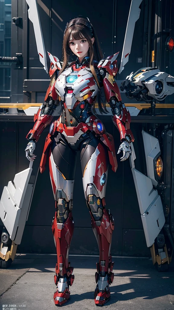  Super detailed, advanced details, high quality, 最high quality, High resolution, 1080P, Hard disk, beautiful,(Iron Girl),Beautiful cyborg woman,Mecha Cyborg Girl,battle mode,Mecha body girl,She wears an Iron Man mech,full body shot