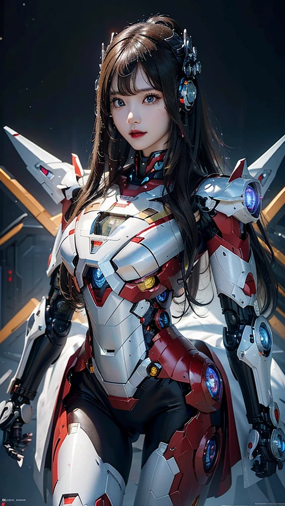 Super detailed, advanced details, high quality, 最high quality, High resolution, 1080P, Hard disk, beautiful,(Iron Girl),Beautiful cyborg woman,Mecha Cyborg Girl,battle mode,Mecha body girl,She wears an Iron Man mech,full body shot