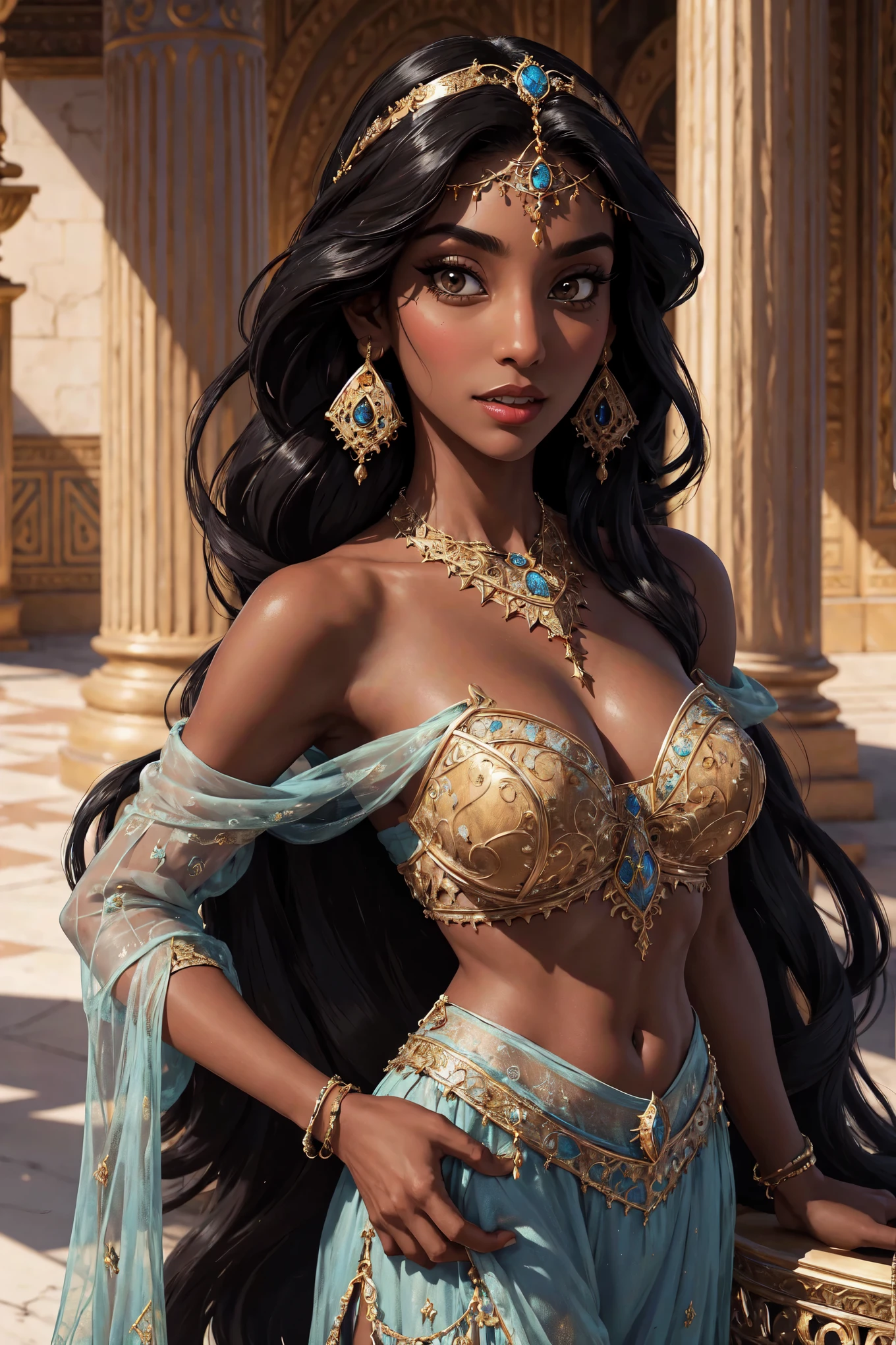 (Masterpiece, Best Quality, Hires:1.2), Detailed, Intricate Details, 12K, portrait, 1Girl, (Solo:1.2), Jasmine, long hair, black hair, brown eyes, jewelry, earrings, dark skin, necklace, off shoulder, circlet,  arabian clothes, looking at viewer, desert background