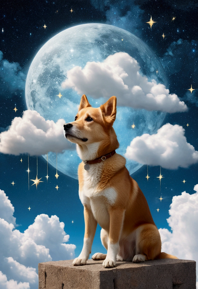 A cute dog in the clouds above some stars surrounded by wall clouds, Digital collage style, Dreamy scenario, Animated GIFs, Fantastic dreamscape, Light brown and sky blue, Tarot Cards, eiichiro oda