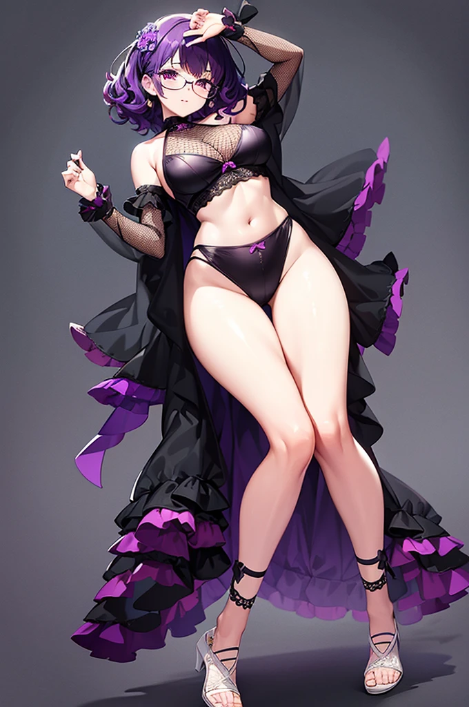 one girl, short very curly purple hair with dark purple strand, glasses, two-piece black color lace flower theme swim outfit, simple detaled, lovable, no background, dynamic pose,, full body ,detaled feet,short blouse with fishnet, flowers