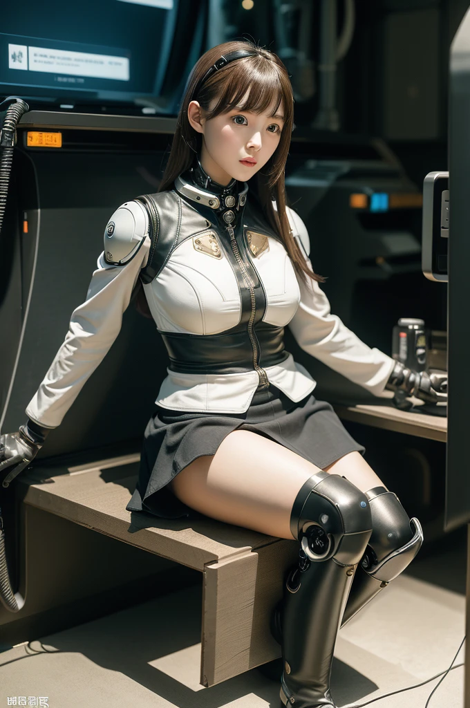 masterpiece, best quality, extremely detailed, Japaese android Girl,Plump,control panels,Mechanical Hand, Robot arms and legs,Mechanical body,Blunt bangs,perfect mechanical abdomen,future laboratory,charging spot,She is sitting the charging spot,laboratory,long tube,thick cable connected her neck, white robot body,The removable cover is in the groin,The connection port is in the groin,assembly plant,miniskirt,leather boots,(blue eyes:1.5)