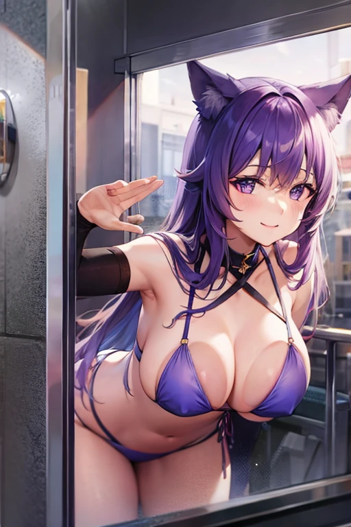 Anime Girls、shower room、Large Breasts、Embarrassed smile、Cowboy Shot、bikini、Cat ear、Long Hair、Light purple hair、Purple Eyes、Pressing your chest against the glass、front、