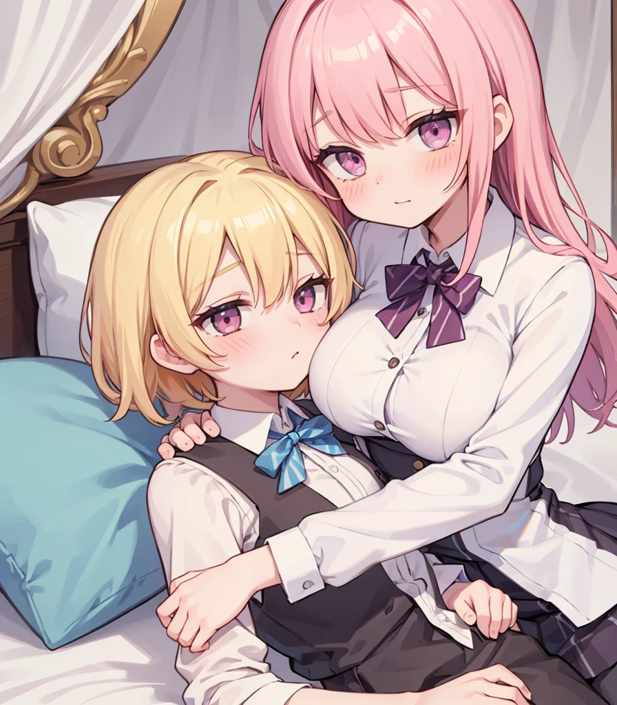 masterpiece, Highest quality, so beautiful, absurdists,High resolution,One girl, One boy,Cuddling in bed, like,sexly,Look at each one, blush,Age difference,bow tie,blondes,chest,Long Hair,Pink Hair,Tucked in shirt,short hair,skirt,Tent shirt,Slut,Big breasted sister and brother,Siblings, trousers,Pushing her big tits against her brother,(My brother&#39;s erect penis),((((姉のvery huge breasts,Sister crushes her big tits in her brother&#39;s face)))),(((((Very huge breasts))))),(((((penis,NSFW,Soft Very HUGE breasts))))),((Bursting Breasts,Huge breasts hiding her brother&#39;s face)),((((((((Huge Breasts, Large Breasts, Very Large Breasts, Very Large Breasts, Very Large Breasts, Very Large Breasts, Very Large Breasts, Very Large Breasts, Very Large Breasts, Very Large Breasts, Very Large Breasts, Very Large Breasts, Burying Face in Breasts)))))))),Two people gazing at each other,puffy breasts,((Face crushed by tits, huge breasts on brother's body, mouth covered by tits, breasts covering face)),((huge breasts)),((soft massive breasts)),crotch grab