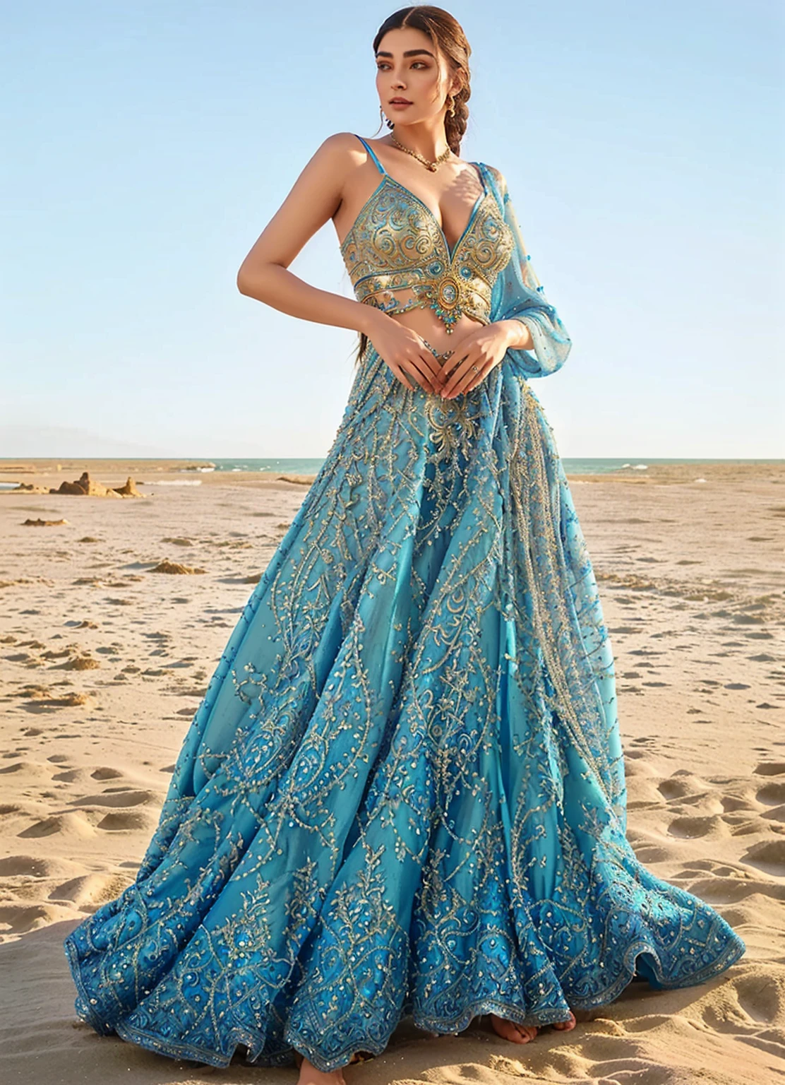 araffe woman in a blue dress standing on a beach, fantasy long intricate gown, blue colored traditional wear, fantasy dress, maya ali wind sorcerer, idian dress, arabian nights inspired, long luxurious intricate gown, ornate royal gown, long luxurious flowing gown, long flowing intricate dress, intricate fantasy dress, flowing aqua silk, dressed beautiful gown