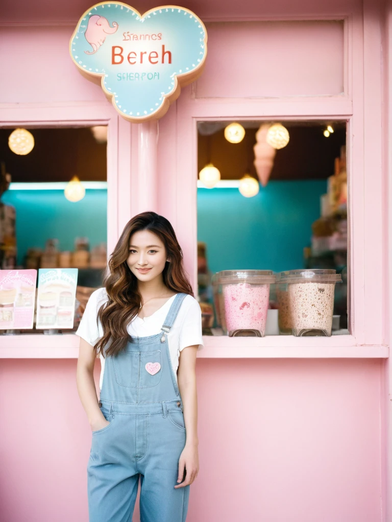 A captivating portrait photograph of a young Korean model, standing proudly in front of a vibrant ice cream shop with pastel-colored walls and whimsical decorations. Her long, wavy brown hair complements her casual yet stylish outfit: faded denim overalls with a "Anonymous" patch and an embroidered pink elephant. Her radiant smile lights up the scene, while the background, adorned with framed pictures, exudes a soft and dreamy atmosphere through a bokeh effect. Bokeh background. The natural and bright daylight illuminates both the shop and the subject, highlighting the woman's expressive face and unique sense of style., portrait photography