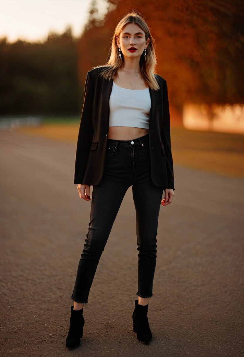 color digital photograph of Lucie Prochazka a woman from czech republic wearing (a black blazer), (a white t-shirt), (black skinny jeans), (black ankle boots), (pearl earrings), (red lipstick), and Slingbacks shoes shot on Nikon Z9 by Denis Karasev, 26 years old, pale skin, (long hair), tiny figure, small breasts, feeling, at golden hour,full body, masterpiece, natural lighting, (outdoor setting:1.2), warm tones, side lighting, natural skin details, 4k, UHD, masterpiece, detailed eyes, detailed face, detailed skin, perfect hands, perfect feets, photo, high skin detail, moles, imperfect skin, ultra realism, RAW photo, subsurface scattering