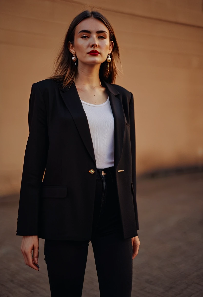 color digital photograph of Lucie Prochazka a woman from czech republic wearing (a black blazer), (a white t-shirt), (black skinny jeans), (black ankle boots), (pearl earrings), (red lipstick), and Slingbacks shoes shot on Nikon Z9 by Denis Karasev, 26 years old, pale skin, (long hair), tiny figure, small breasts, feeling, at golden hour,full body, masterpiece, natural lighting, (outdoor setting:1.2), warm tones, side lighting, natural skin details, 4k, UHD, masterpiece, detailed eyes, detailed face, detailed skin, perfect hands, perfect feets, photo, high skin detail, moles, imperfect skin, ultra realism, RAW photo, subsurface scattering