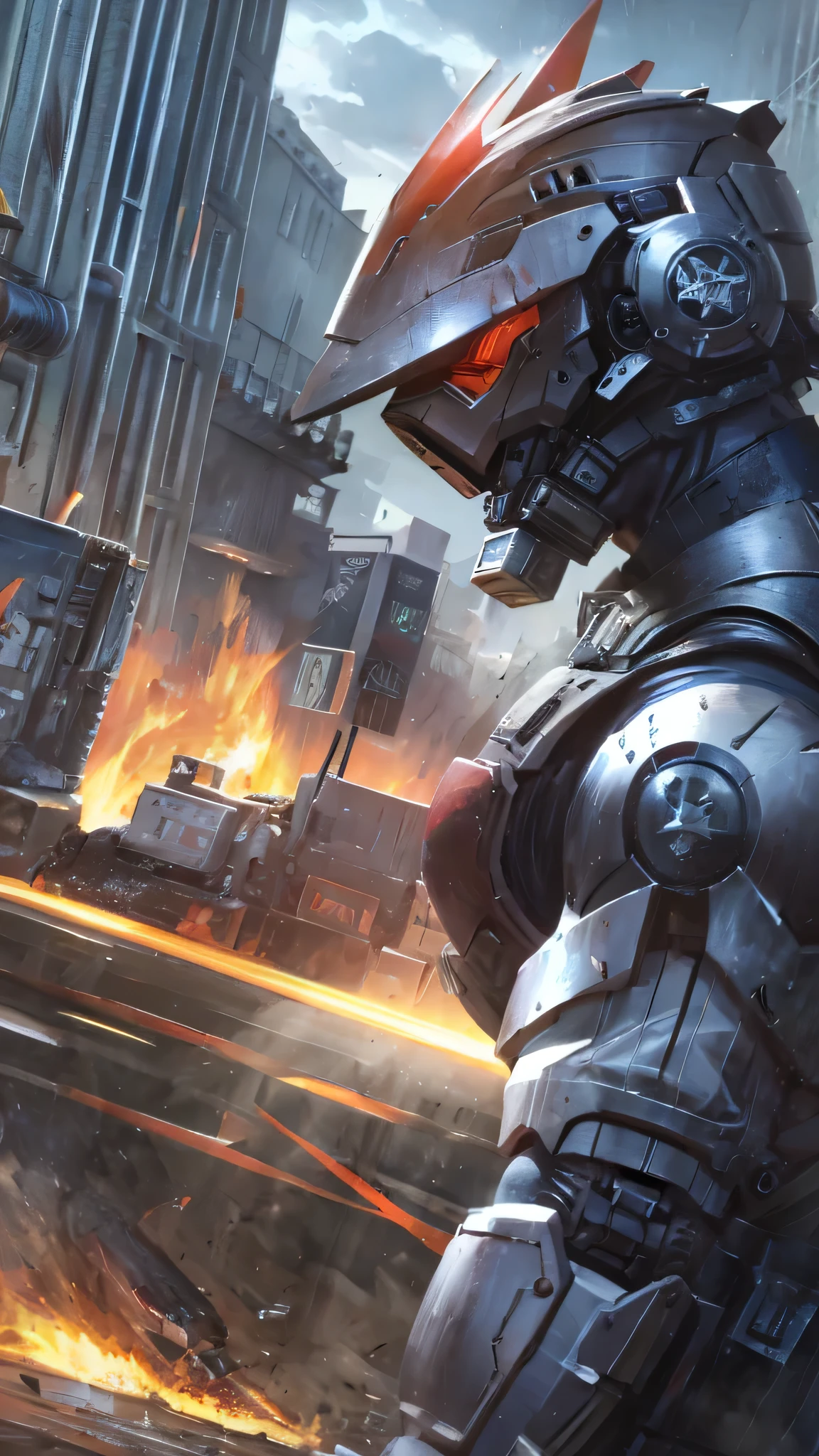 最high quality、Best image quality、masterpiece、Giant Mecha((humanoid、Railgun、Bulletproof vest、Jetpack、Red visor、Run、Chainsaw,Covered in scars,gas mask、Black color)）high quality、Beautiful art、background((City、explosion、Smokescreen)),Tabletop、Exquisite design、Visual Arts、Written boundary depth、Best lighting、The finest details、8ｋ