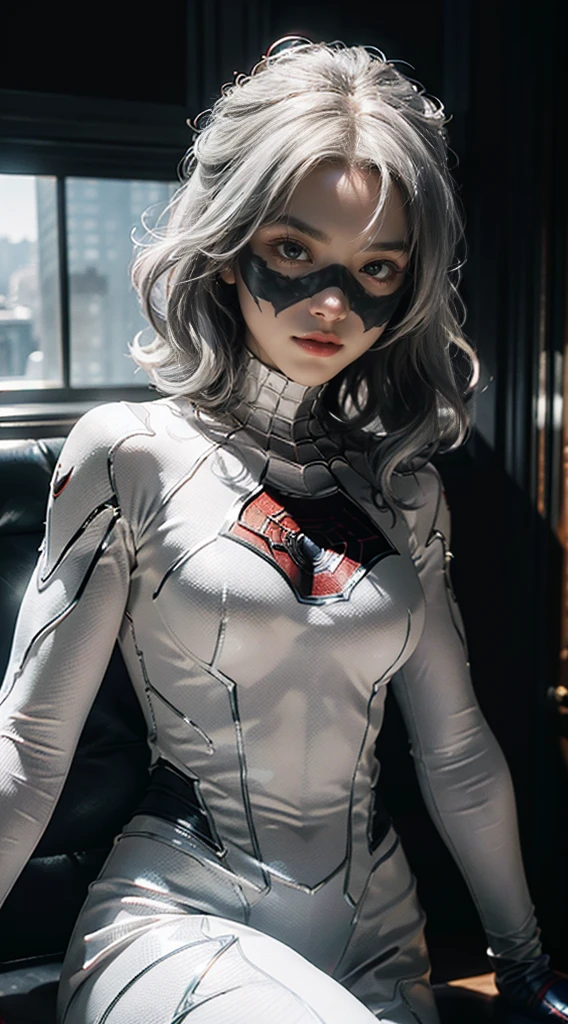 (Extreme Detail CG Unity 8K wallpaper, masterpiece, highest quality), (Exquisite lighting and shadow, highly dramatic picture, Cinematic lens effect), a girl in a white Spider-Man costume, silver gray hair color, from the Spider-Man parallel universe, Wenger, Marvel, Spider-Man, sitting on the couch, dynamic pose), (excellent detail, excellent lighting, wide angle), (excellent rendering, enough to stand out in its class), focus on white Spider-Man costumes, complex spider textures