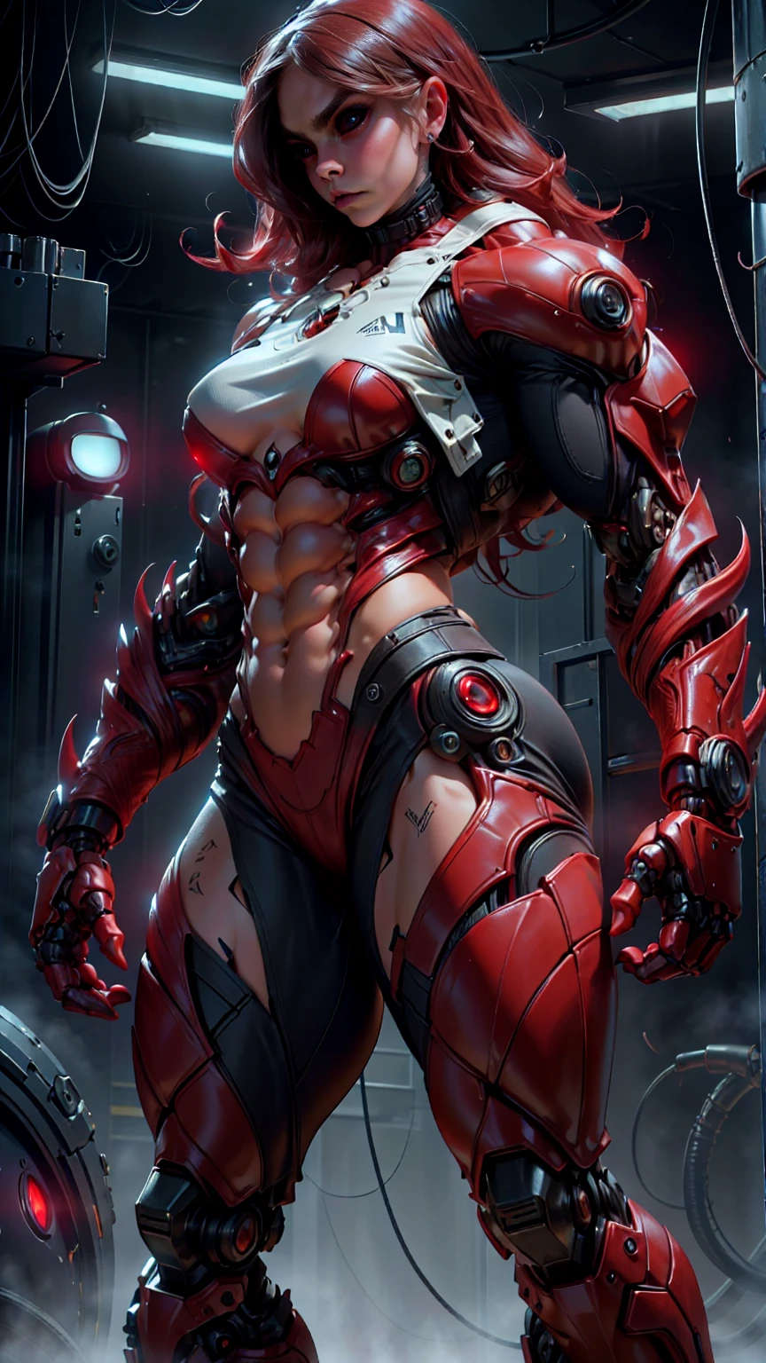 (beautiful girl:1.25), (megan fox:1.25), (young bodybuilder girl wearing cybernetic muscle suit:1.25), carnage muscular physique, seductive face, mouth wide open carnage style, long red hair, perfect muscular body, super skinny legs, sissy, femboy, (carnage style physique)