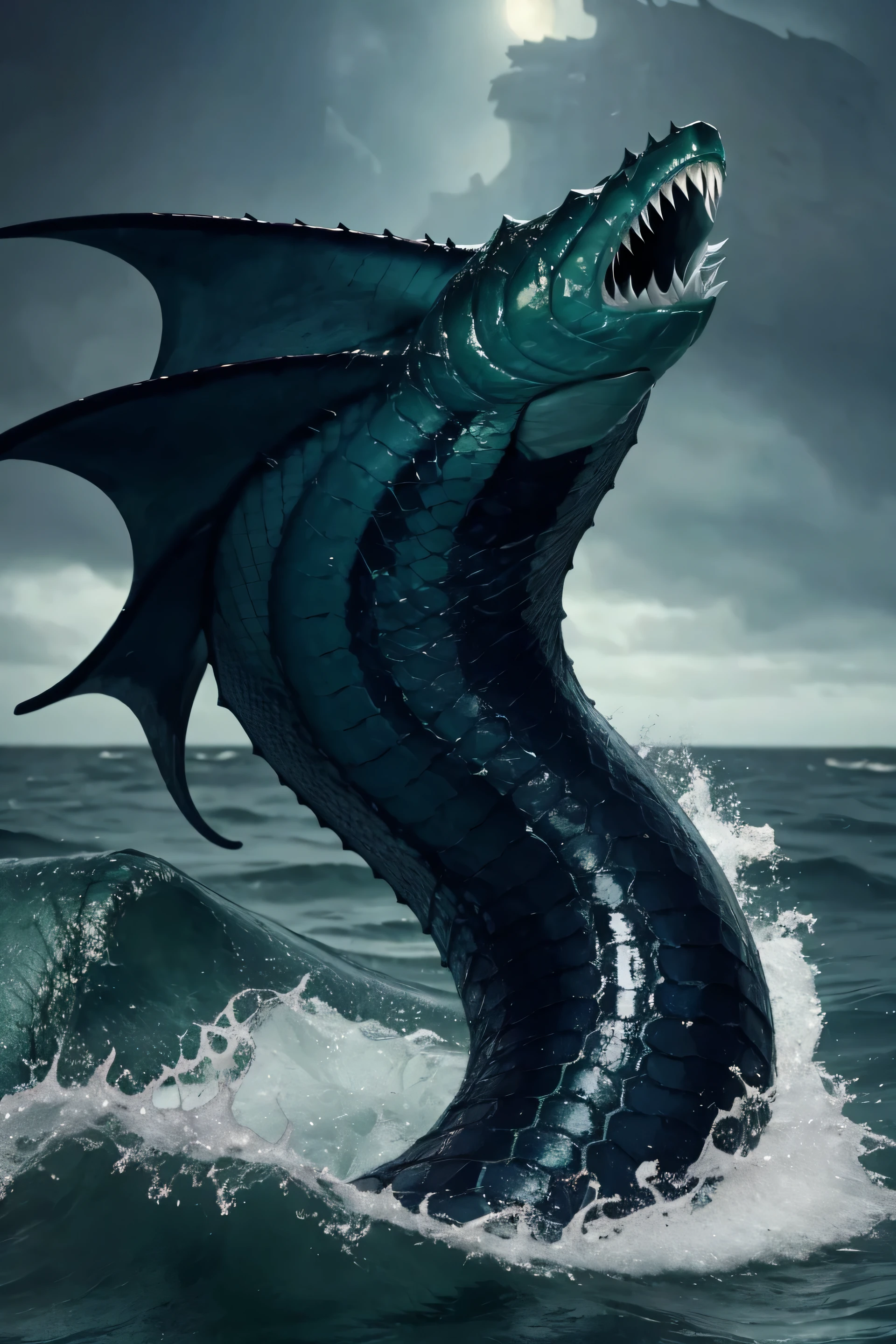 scary sea fur emerging from the gloom long neck snake-like body, green pique skin huge teeth huge fins, huge claws terrifying otherworldly