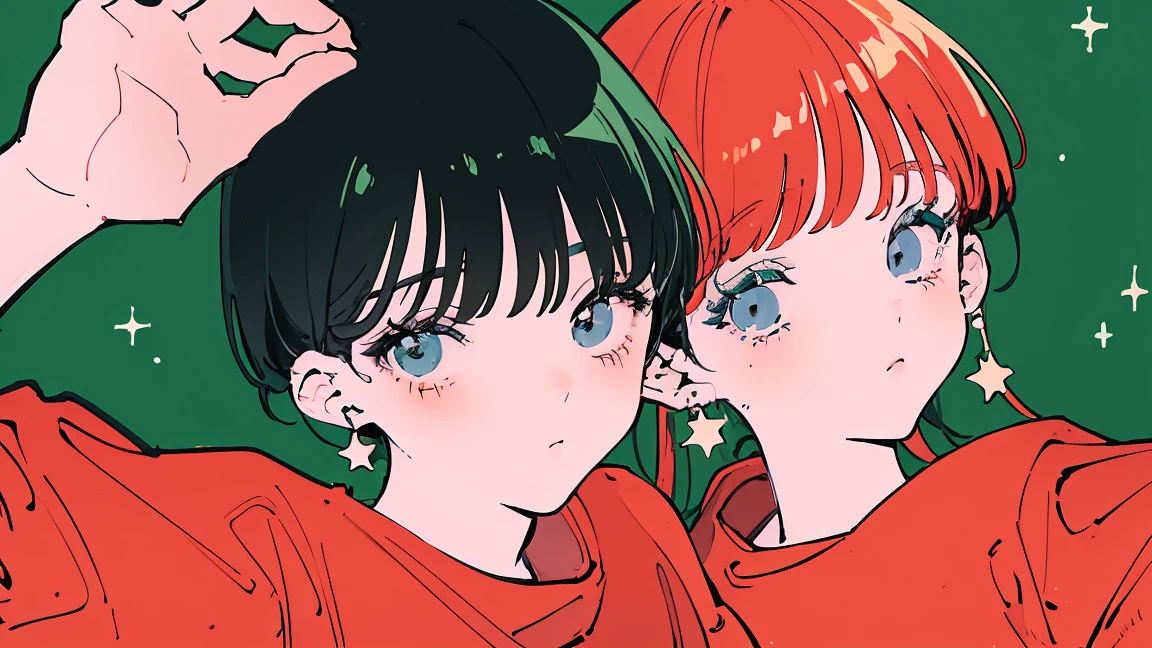 (Highest quality:0.8)、(Highest quality:0.8)、Super detailed、Analog illustration、Koto Tsumi \(style\)、masterpiece、Highest quality、Close-up portrait of a woman、1990、Comic Strip、Art illustration、Retro Pop、Short red hair、Long eyelashes、Green Dress、Diamond Bracelets、Dancing in the starry garden