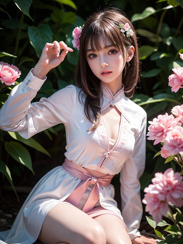 1girl, extremely detailed eyes and face, beautiful detailed eyes, beautiful detailed lips, flowers, long eyelashes, brown-blonde short hair, demon slayer uniform, pink-white haori, plus-shaped scar, forest, elegant, kind expression, demon slayer art style, shining, diamond-like, anime, young 10- girl, masterpiece, ultra-detailed, photorealistic, 8k, best quality