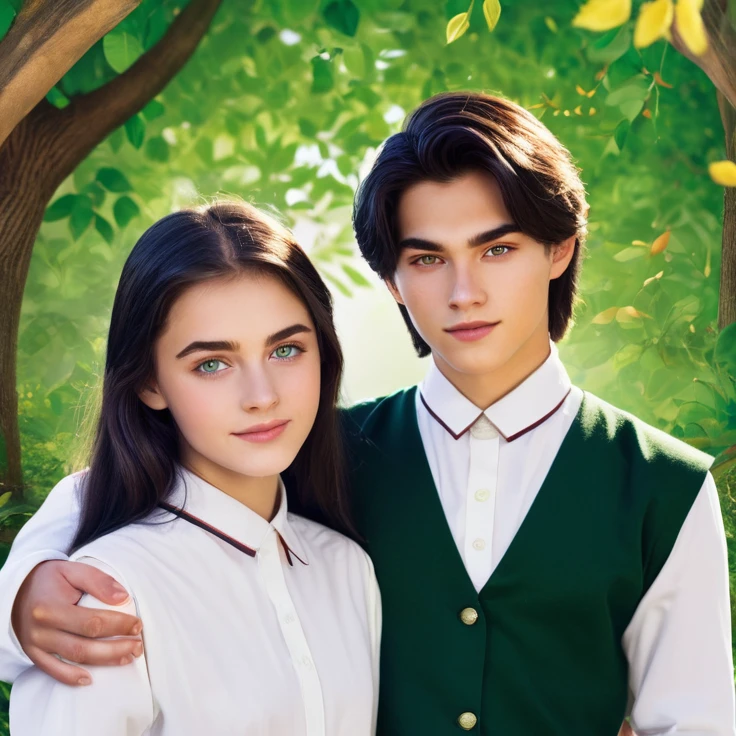 “Create a book cover featuring Hazel Hartmann and Ethan Beauchard. Hazel is a 17-year-old girl with long chocolate brown hair and almond-shaped amber eyes., wearing a classic and elegant school uniform. Ethan is an 18 year old young man, Cao Cao, with dark hair and striking green eyes, also wearing a fancy . Place them close to each other, with a visible tension between them, suggesting an intense connection. Ao fundo, include a full bookshelf, reflecting the academic and sophisticated environment. The design should capture the dynamics between the characters and the atmosphere of the story.”