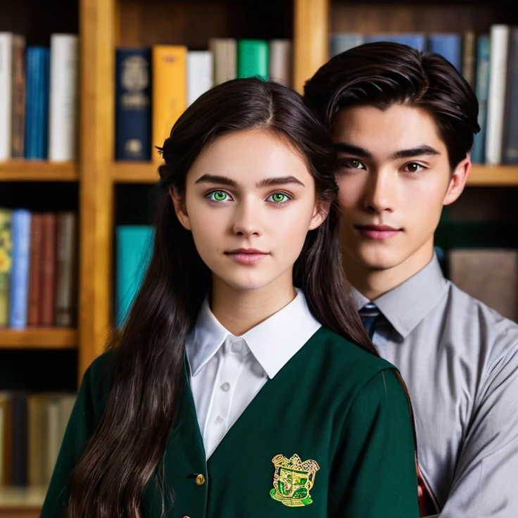 “Create a book cover featuring Hazel Hartmann and Ethan Beauchard. Hazel is a 17-year-old girl with long chocolate brown hair and almond-shaped amber eyes., wearing a classic and elegant school uniform. Ethan is an 18 year old young man, Cao Cao, with dark hair and striking green eyes, also wearing a fancy . Place them close to each other, with a visible tension between them, suggesting an intense connection. Ao fundo, include a full bookshelf, reflecting the academic and sophisticated environment. The design should capture the dynamics between the characters and the atmosphere of the story.”