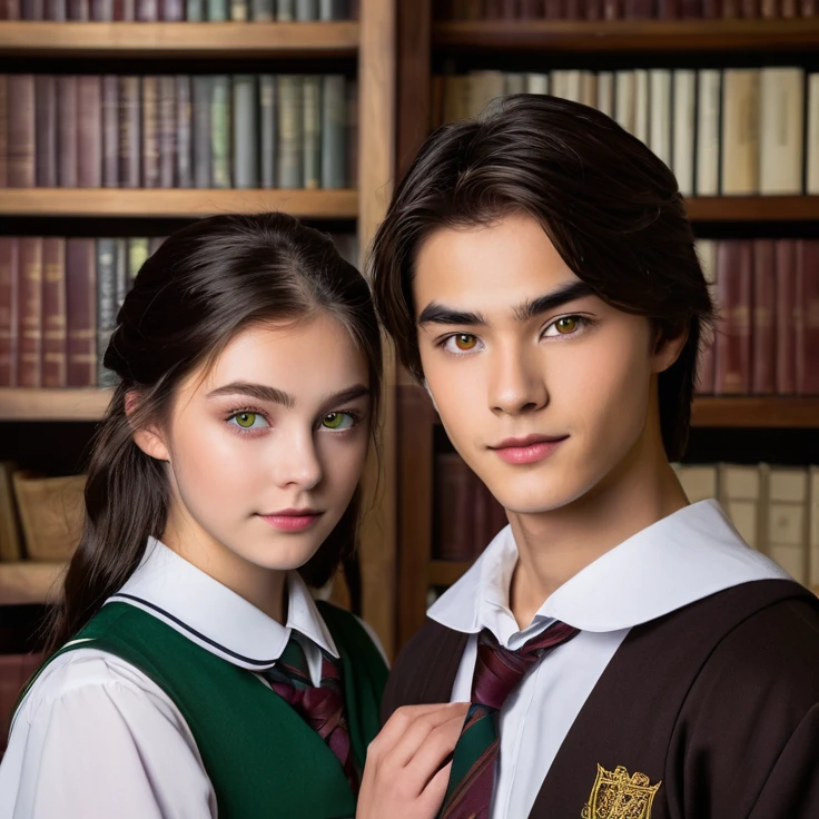 “Create a book cover featuring Hazel Hartmann and Ethan Beauchard. Hazel is a 17-year-old girl with long chocolate brown hair and almond-shaped amber eyes., wearing a classic and elegant school uniform. Ethan is an 18 year old young man, Cao Cao, with dark hair and striking green eyes, also wearing a fancy . Place them close to each other, with a visible tension between them, suggesting an intense connection. Ao fundo, include a full bookshelf, reflecting the academic and sophisticated environment. The design should capture the dynamics between the characters and the atmosphere of the story.”