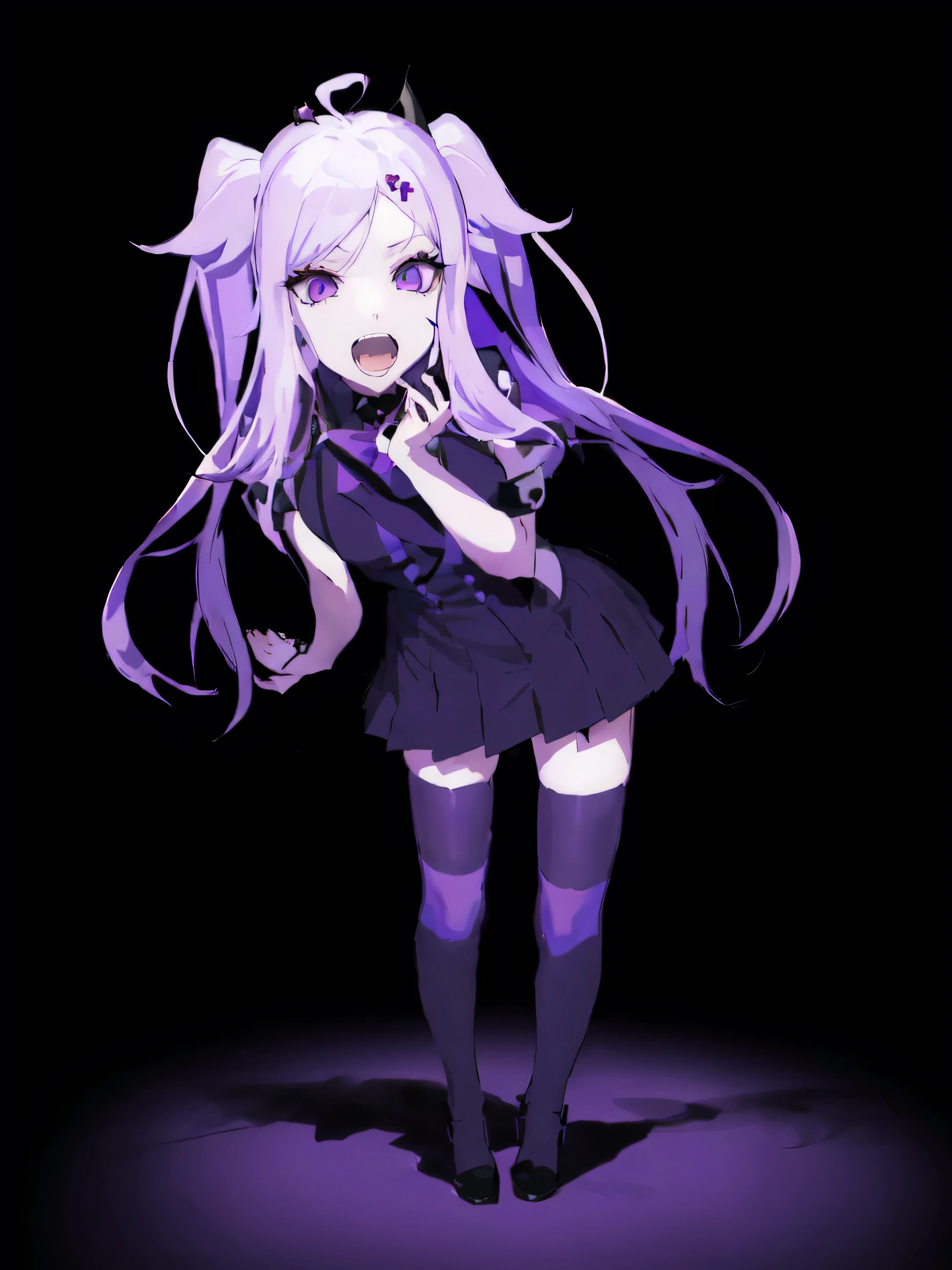 Anime girl with purple hair and black dress posing for the camera, Gapmo Yandere grimdark, digital art from danganronpa, anime monster girl, demon anime girl, pale young ghost girl, with glowing purple eyes, Gapmo Yandere, she has purple hair, Junko Enoshima from Danganronpa, humanoid pink female squid girl, demon girl