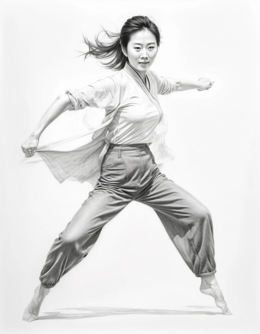 Graphite pencil drawing, 50yo Chinese woman, action pose, full body, without clothes, white background