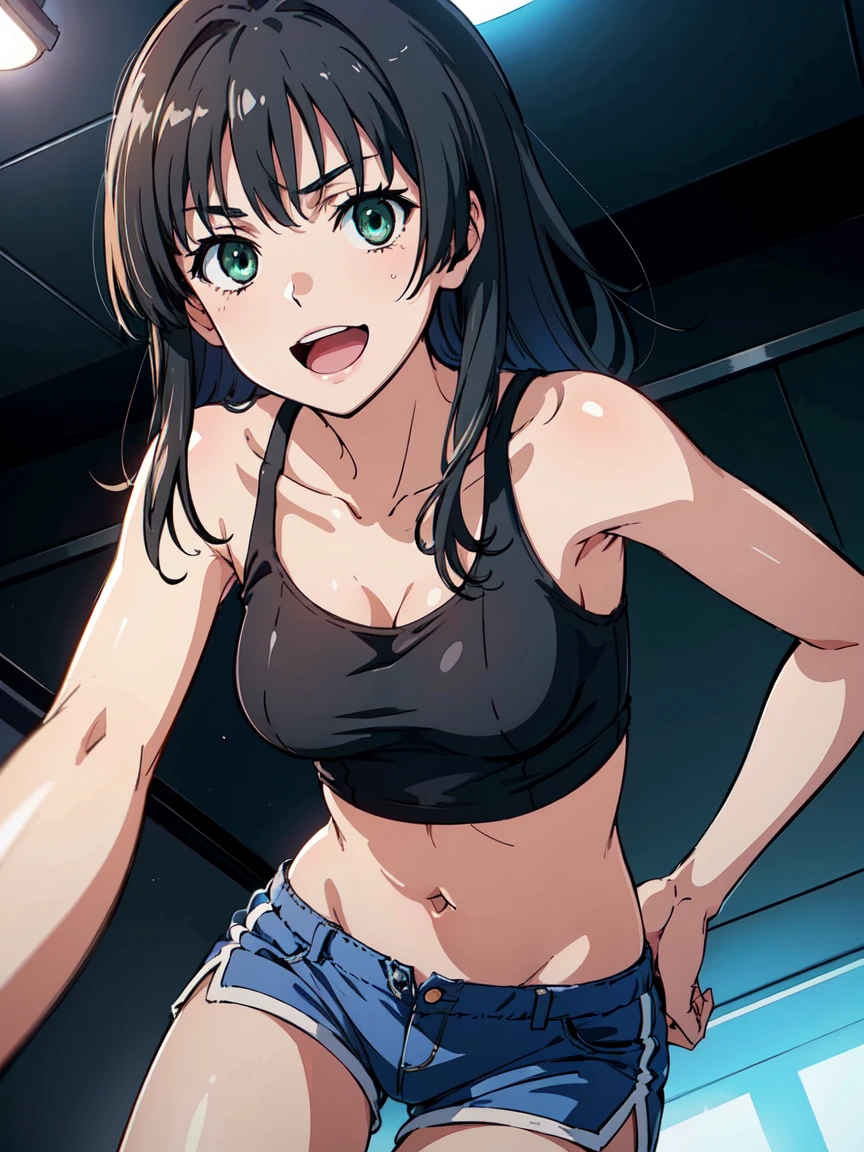 Take off your clothes, under boob, (High resolution:1.4), (masutepiece:1.2), (High quality:1.3) 1girl, saten ruiko, green eyes, long hair, black hair, small breast, tank top, hot pants, cinematic lighting,  pov, dynamic angle, open mouth, smile