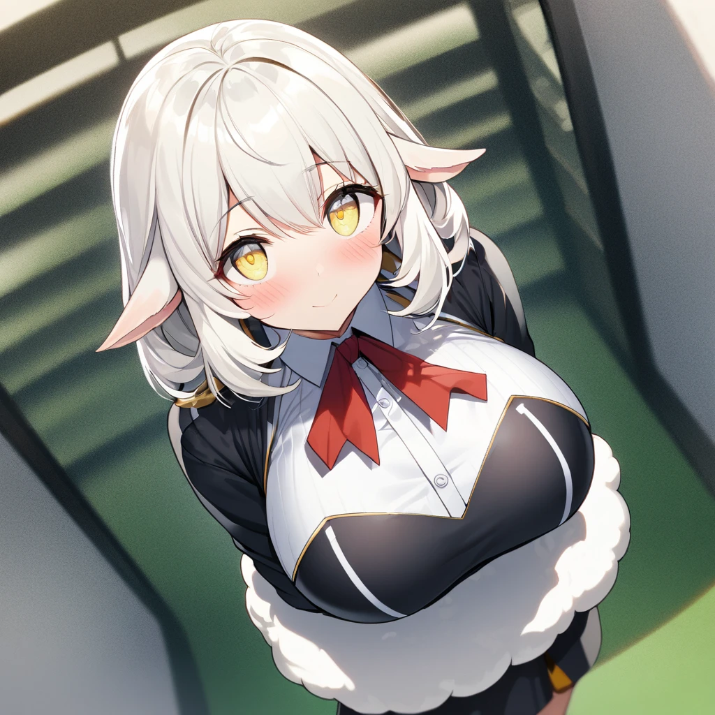 1girl,solo,roll angle,sheep ear,White fluffy hair,Short hair with a lot of hair,light yellow eye color,Calm face,docile face,blush,huge breasts,slender,Vertical lines academy uniform,short stature,looking at viewer,Taken from the viewpoint above,upturned eyes,standing up,academy
back ground