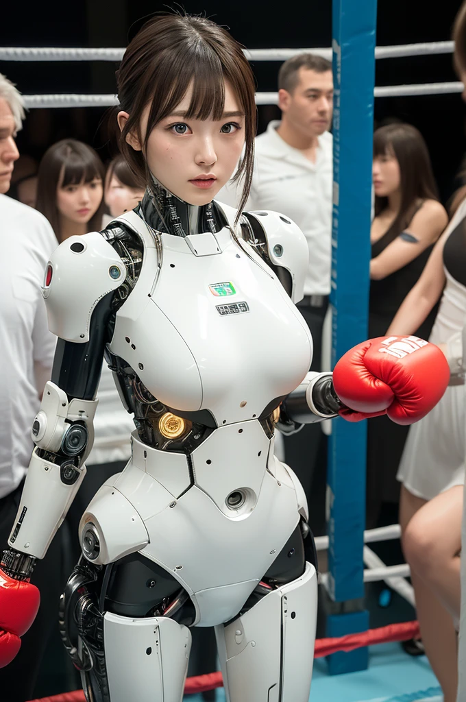 masterpiece, best quality, extremely detailed, Japanese android girl,Plump ,control panels,robot arms,robot,android,cyborg,white robot body,ceramic body,perfect robotgirl,blunt bangs,boxer,glove,boxing ring,blue eyes
