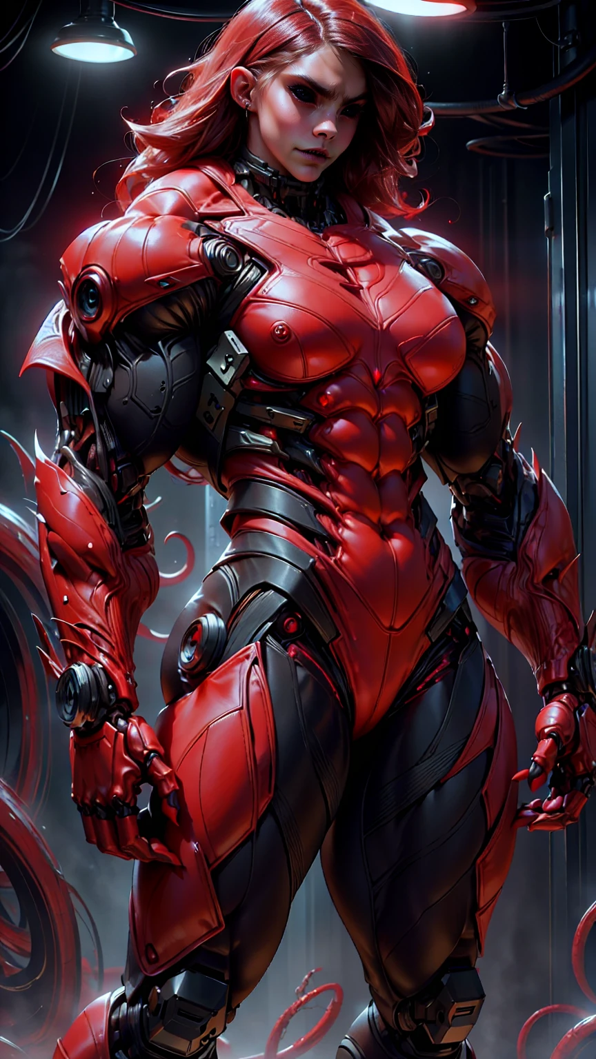 (beautiful girl:1.25), (megan fox:1.25), (young bodybuilder girl wearing cybernetic muscle suit:1.25), carnage muscular physique, seductive face, mouth wide open carnage style, long red hair, perfect muscular body, super skinny legs, sissy, femboy, (carnage style physique)