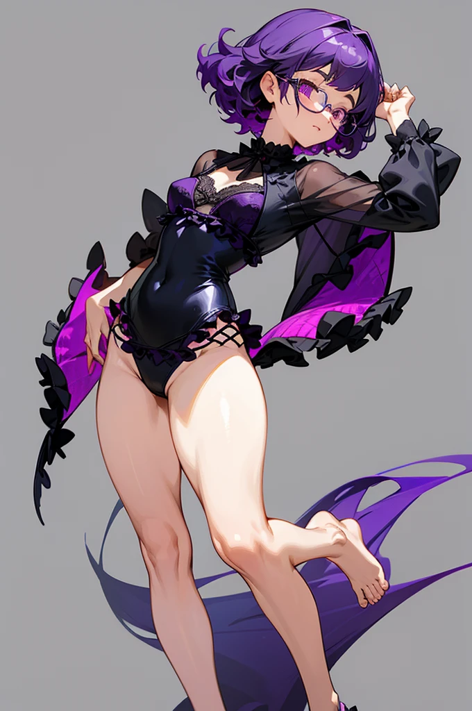 one girl, short very curly purple hair with dark purple strand, glasses, two-piece black color lace flower theme swim outfit, simple detaled, lovable, no background, dynamic pose,, full body ,detaled feet,short blouse with fishnet, flowers