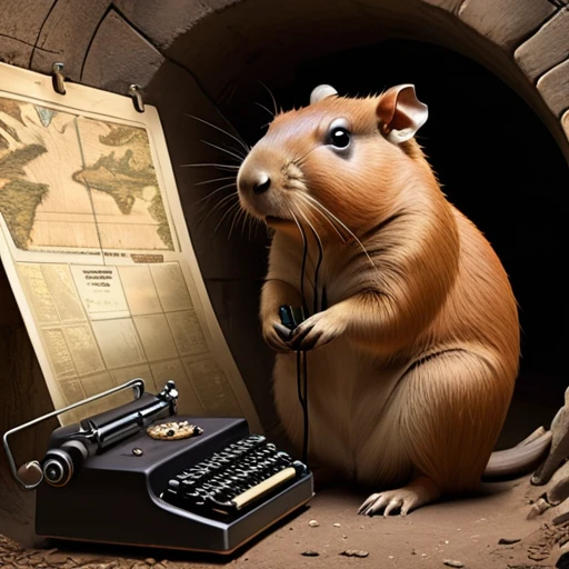 40s,The underground used a telegraph machine to send messages in a dark tunnel,Female spy cute capybara wearing headphones,underground combat headquarters,Old map hanging on the wall,