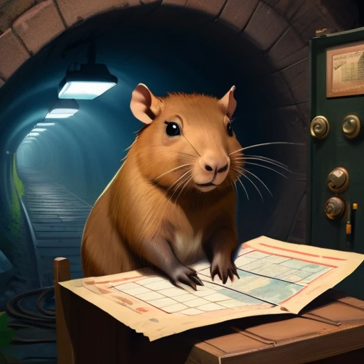 40s,The underground used a telegraph machine to send messages in a dark tunnel,Female spy cute capybara wearing headphones,underground combat headquarters,Old map hanging on the wall,