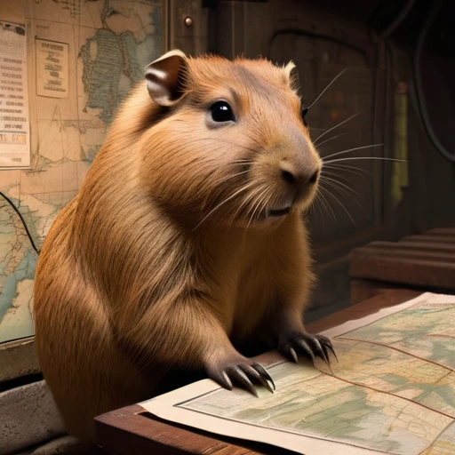 40s,The underground used a telegraph machine to send messages in a dark tunnel,Female spy cute capybara wearing headphones,underground combat headquarters,Old map hanging on the wall,