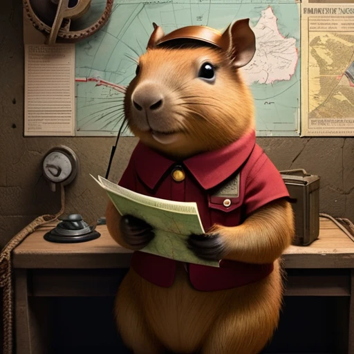 40s，The underground  used a telegraph machine to send messages in a dark tunnel，Female spy cute capybara wearing headphones，underground combat headquarters，Old map hanging on the wall，