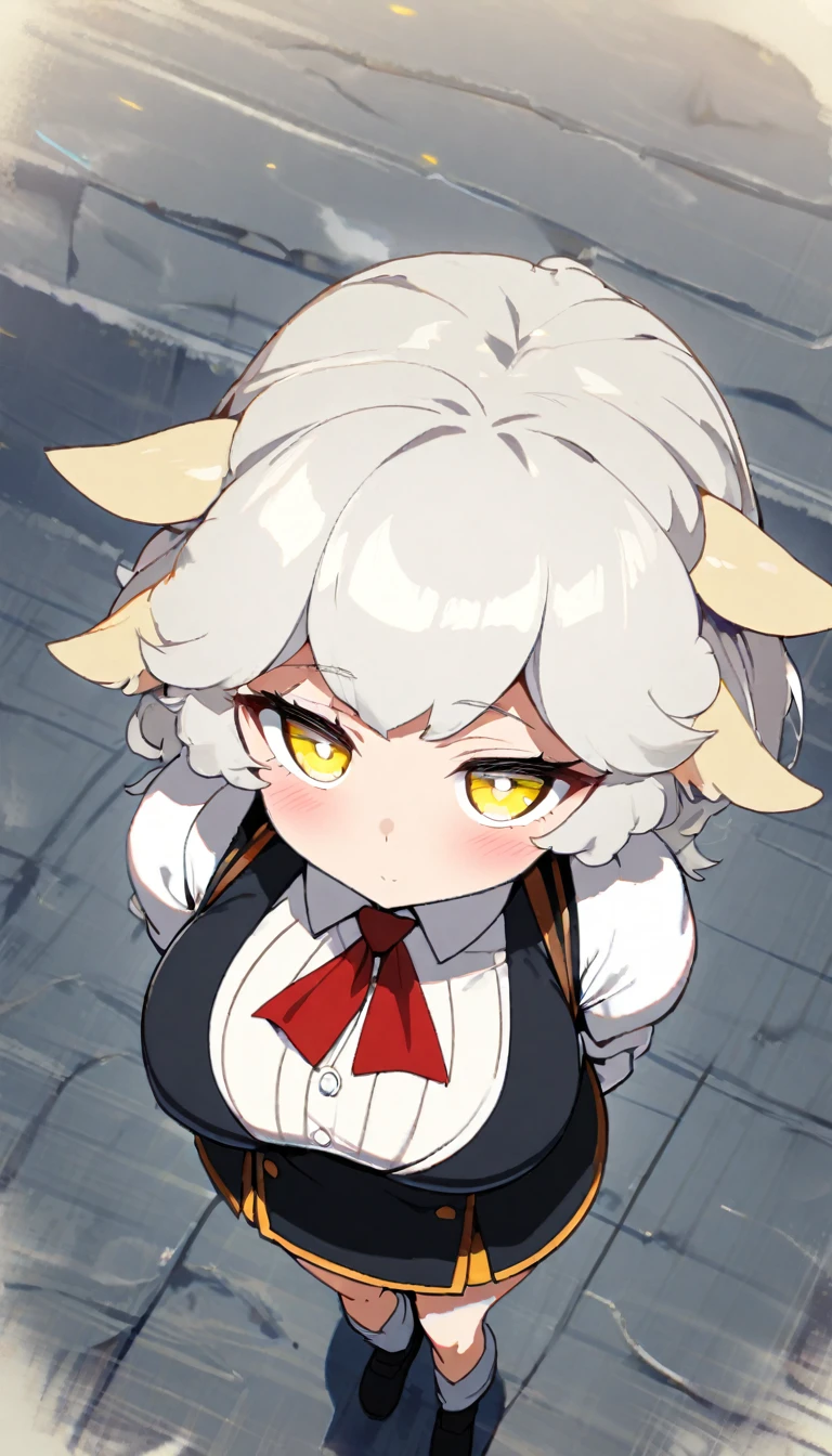 1girl,solo,roll angle,sheep ear,White fluffy hair,Short hair with a lot of hair,light yellow eye color,Calm face,docile face,blush,huge breasts,slender,Vertical lines academy uniform,short stature,looking at viewer,Taken from the viewpoint above,upturned eyes,standing up,academy
back ground