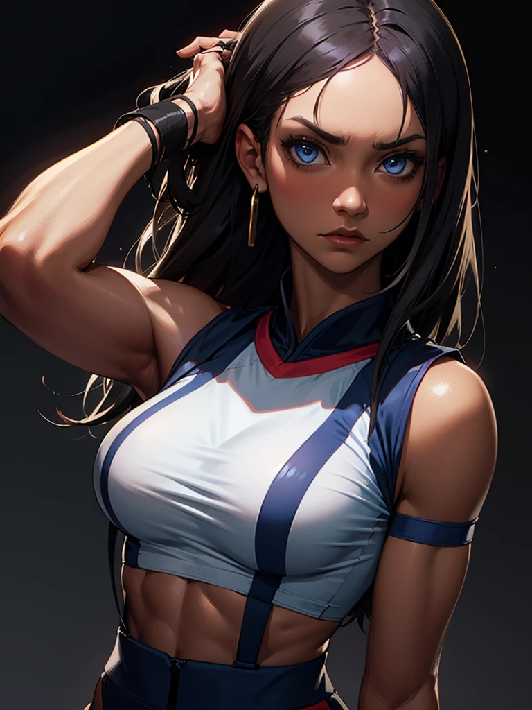 ((Portrait Photo)), She has a Relaxed, Black-Haired Appearance, with Dark Skin, and a Strong, Muscular Build. She Expresses an Indifferent Look, Giving Off a Composed and Unfazed Attitude. She has Deep Blue Eyes, and Her Hair is Long and Black, with Dreadlocks Falling Over Her Forehead. She is Wearing a Loose White Sportswear, Revealing Her Midriff. ((Portrait Photo, HDR, Dark Background))
