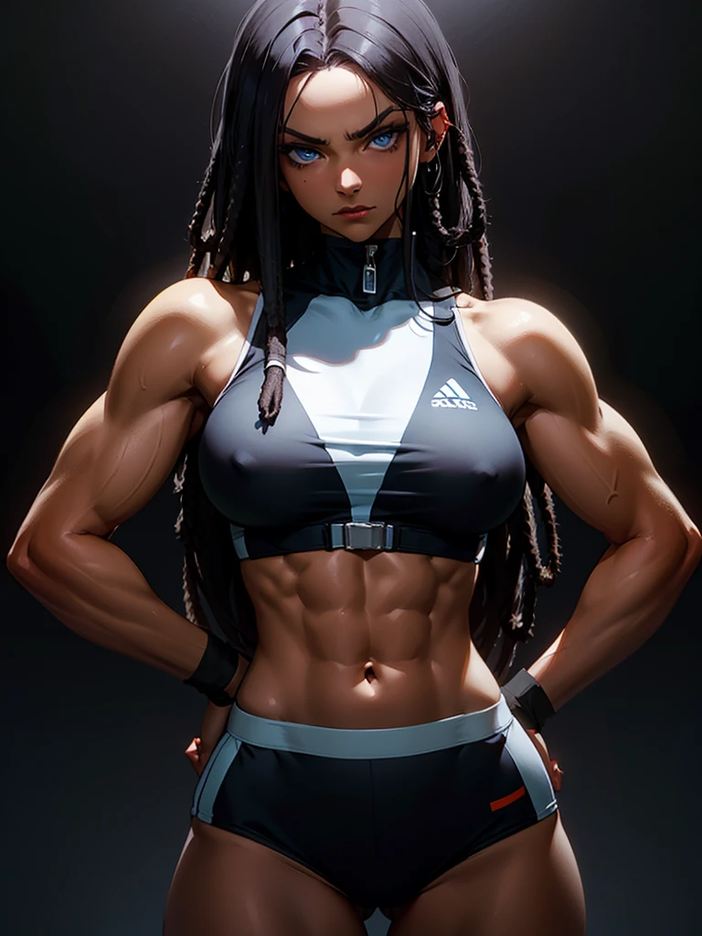 ((Portrait Photo)), She has a Relaxed, Black-Haired Appearance, with Dark Skin, and a Strong, Muscular Build. She Expresses an Indifferent Look, Giving Off a Composed and Unfazed Attitude. She has Deep Blue Eyes, and Her Hair is Long and Black, with Dreadlocks Falling Over Her Forehead. She is Wearing a Loose White Sportswear, Revealing Her Midriff. ((Portrait Photo, HDR, Dark Background))