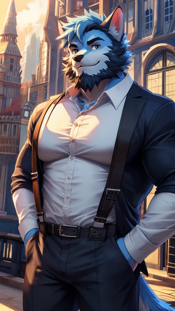 Furry, anthro, Wolf , Blue Fur ,Wearing Black Cap solo, shirt, 1boy, white shirt, Muscle body, male focus, collared shirt, pants, looking to the side, suspenders, pectorals, sleeves rolled up,Holding Black Coat, wristwatch, beard , (Ultra Details),(masterpiece)