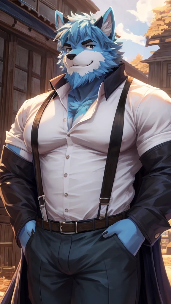 ((best quality)), ((masterpiece)), (Ultra detailed), ((4k)), solo , Furry, anthro, Sky Blue Fur , Short Hair , Middle Ages , Beard , Shirt , White shirt , Big Pecs , collared shirt , pants , suspenders , pectorals , sleeves rolled up, Black Coat , Cool Pose , Smile , Brightness , Anime Style