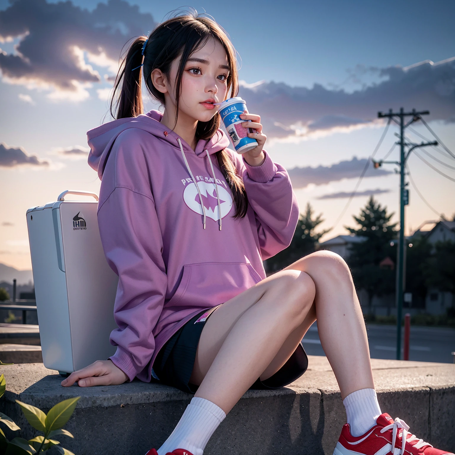 1girl, solo, brown hair, long sleeves, holding, sitting, outdoors, food, sky, shoes, shorts, socks, cloud, signature, hood, bag, tree, cup, hoodie, eating, star \(sky\), bandaid, starry sky, sunset, dog, drinking straw, drink, can, bandaid on face, drinking, power lines, lamppost, bandaid on leg, twilight, bandaid on knee, vending machine, purple sky, red hoodie