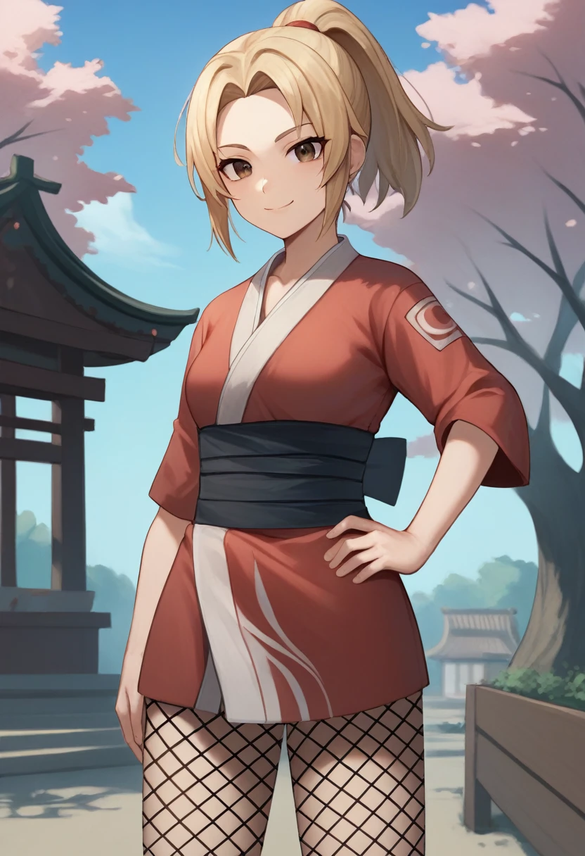 TsunadeSenju, 4k, absurd, high resolution, very high resolution, high definition, masterpiece, 1girl, solo, looking at viewer, smile, blonde hair, brown eyes, closed mouth, ponytail, outdoors, japanese clothes, day, kimono, tree, hand on hip, sash, fishnets, nature, ninja, short kimono, (lora:EMS-401777-EMS:0.800000)
