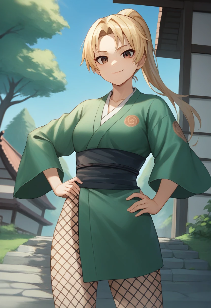 TsunadeSenju, 4k, absurd, high resolution, very high resolution, high definition, masterpiece, 1girl, solo, looking at viewer, smile, blonde hair, brown eyes, closed mouth, ponytail, outdoors, japanese clothes, day, kimono, tree, hand on hip, sash, fishnets, nature, ninja, short kimono, (lora:EMS-401777-EMS:0.800000)
