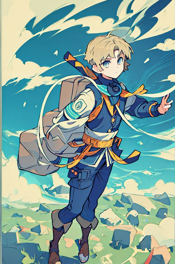 They are 12-year-old boys twin blondes with silver eyes. One has an energetic and curious expression, dressed in rugged survival attire. Another one appears more serious and focused, also dressed in practical survival gear with a pragmatic touch. it has to be full body