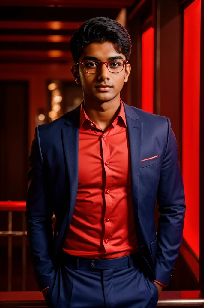 20 year old indian boy With fair skin Wearing spectacles and narrow body Posing for a linkedin picture in formals red light effect