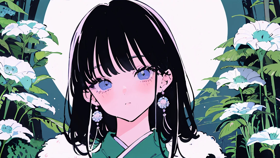 (Highest quality:0.8)、(Highest quality:0.8)、Super detailed、Analog illustration、Koto Tsumi \(style\)、masterpiece、Highest quality、Close-up portrait of a woman、1990、Comic Strip、Art illustration、Retro Pop、Black Hair、Long eyelashes、White Dress、Emerald Earrings、Standing gracefully in the moonlit forest