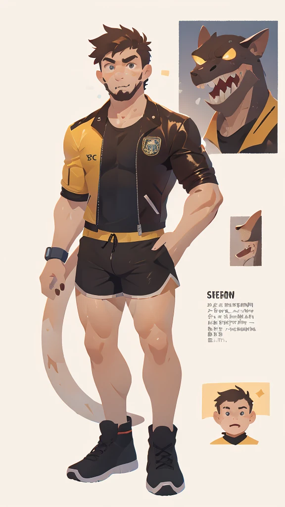Adult man, eyes, furry, spongy, anthropomorphic, light brown-white, leon, reference sheet, whole body , Detailed Features, thick tail and deallalsda, Sharp teeth, realistic skin texture, half: digital illustration, front view and rear view, high resolution, Professional quality, intricate patterns on the skin, Rude but charismatic personality, attention to anatomy, designed facial structure, in a sports shirt, about a leather jacket, shorts negros, high, masculine, volleyball player