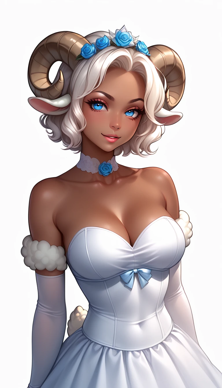 score_9, score_8_up, score_7_up, 1girl, solo,
curly hair, glowing blue eyes, curved ram horns, ((sheep ears, sheep tail, sheep fur:1.25)), tanned skin, demoness, (sheep:1.2),
monochromatic, eerie atmosphere,
(wedding dress), seductive, stark white background