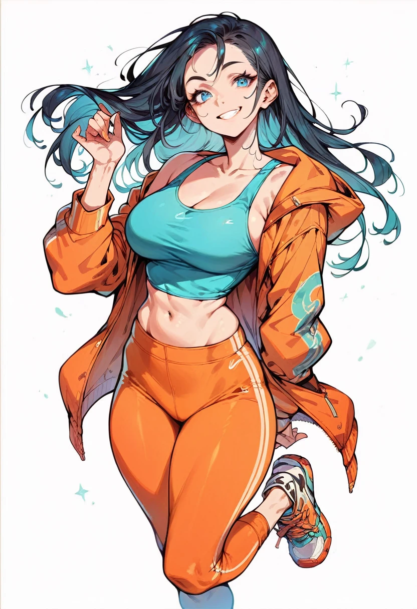 Score_9, Score_8_up, Score_7_up, 1 girl, black hair, blue eyes, curvy figure, smile, blue tank top, orange yoga pants, belly button, big bust, sneakers, standing, simple background, White background,