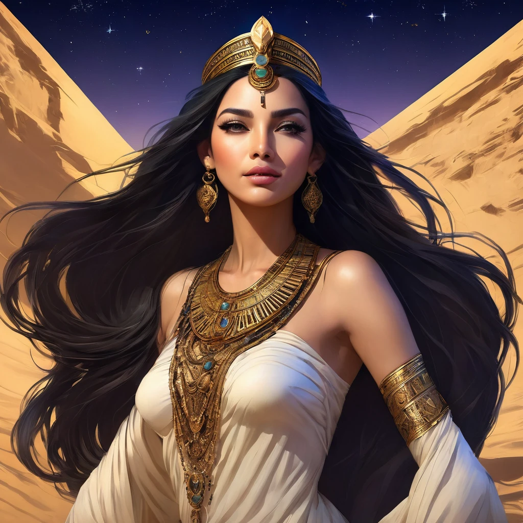 (bust:1.4), Low - Angle:1.4, Desert Princess, Beautiful woman with long black hair, Detailed face, Deep Eyes, ふっくらAnd唇, Wearing a gold crown, Detailed starry sky,Vast desert and the Sphinx, Dramatic lighting, A gorgeous column, rich fabric, (Highest quality,4K,8K,High resolution,masterpiece:1.2),Super detailed,(Realistic,photoRealistic,photo-Realistic:1.37),Intricate details,Cinema Lighting,Chiaroscuro,Dramatic Shadows,Warm color palette,Dramatic Pose, Beautiful Egyptian Queen,Hall々And,elegant,Majestic